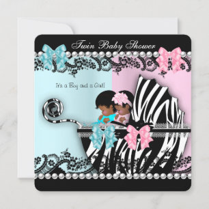 Twin Baby shower Cute Girl Pink Boy Blue Zebra 4 Kaart