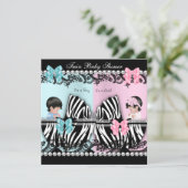 Twin Baby shower Cute Girl Pink Boy Blue Zebra Kaart (Staand voorkant)
