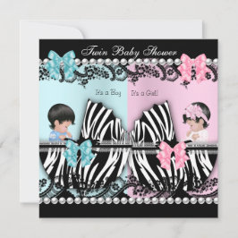 Twin Baby shower Cute Girl Pink Boy Blue Zebra Kaart