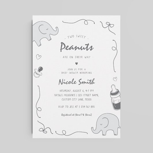 Twin Baby shower Hand getrokken olifanten fopspene Kaart