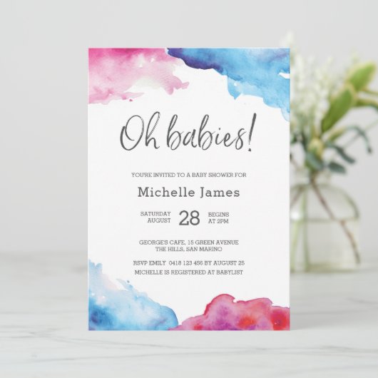 Twin Baby shower Invitation | Blauw en roze Kaart (Staand voorkant)