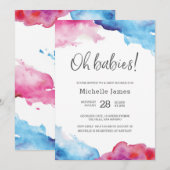 Twin Baby shower Invitation | Blauw en roze Kaart (Voorkant / Achterkant)