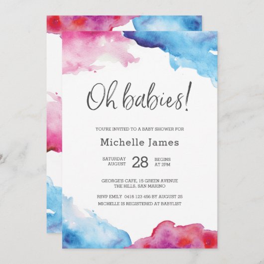 Twin Baby shower Invitation | Blauw en roze Kaart (Voorkant / Achterkant)