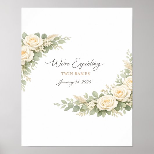 Twin Baby Shower Invitation Botanical Greenery Flo Poster (Voorkant)