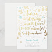 Twin Baby shower Invitation Gold Blue jongensdouch Kaart (Voorkant / Achterkant)