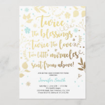 Twin Baby shower Invitation Gold Blue jongensdouch
