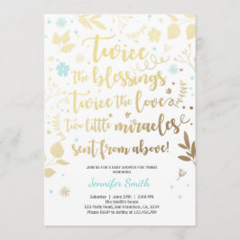 Twin Baby shower Invitation Gold Blue jongensdouch Kaart