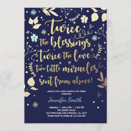 Twin Baby shower Invitation Gold Blue Kaart