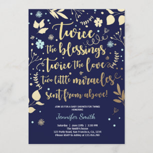 Twin Baby shower Invitation Gold Blue Kaart