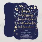 Twin Baby shower Invitation Gold Blue Kaart (Voorkant / Achterkant)