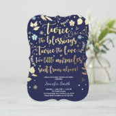Twin Baby shower Invitation Gold Blue Kaart (Staand voorkant)