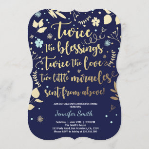 Twin Baby shower Invitation Gold Blue Kaart