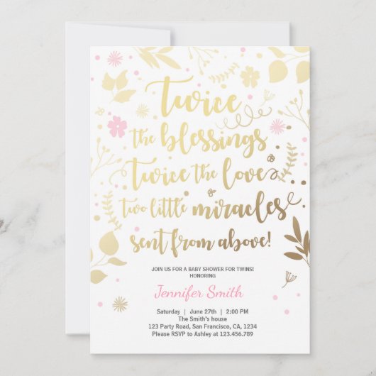 Twin Baby shower Invitation Gold Pink Girl douche Kaart (Voorkant)