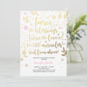 Twin Baby shower Invitation Gold Pink Girl douche Kaart (Staand voorkant)