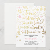Twin Baby shower Invitation Gold Pink Girl douche Kaart (Voorkant / Achterkant)
