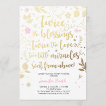 Twin Baby shower Invitation Gold Pink Girl douche