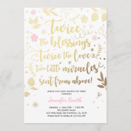 Twin Baby shower Invitation Gold Pink Girl douche Kaart