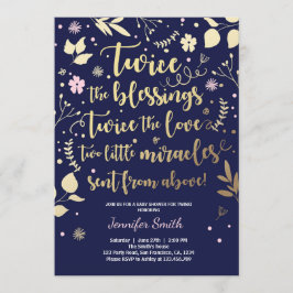 Twin Baby shower Invitation Gold Pink Navy Girl Kaart