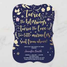 Twin Baby shower Invitation Gold Pink Navy Girl Kaart