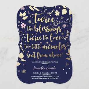 Twin Baby shower Invitation Gold Pink Navy Girl Kaart