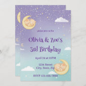 Twin Baby Shower Invitation Sleeping Animals Moon Kaart (Voorkant / Achterkant)