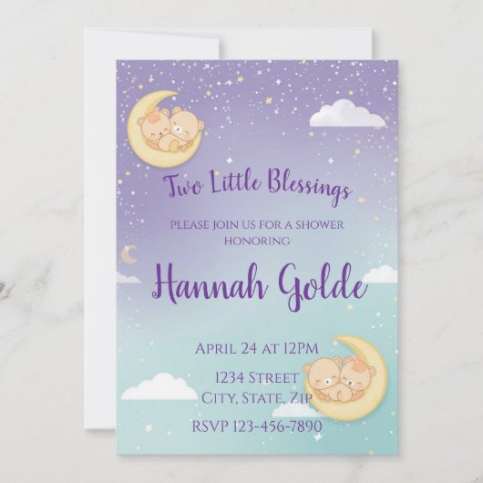 Twin Baby Shower Invitation Sleeping Animals Moon Kaart (Voorkant)