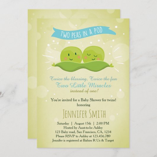 Twin Baby shower Invitation Twee erwten in een pod Kaart (Voorkant / Achterkant)