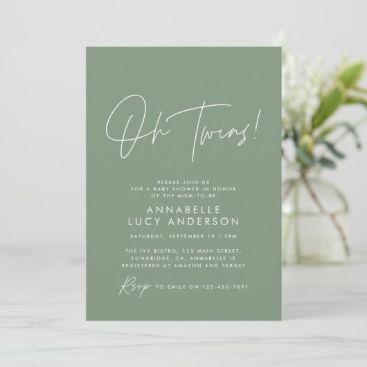 Twin Baby shower script modern salie groen elegant Kaart (Staand voorkant)