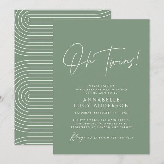 Twin Baby shower script modern salie groen elegant Kaart (Voorkant / Achterkant)