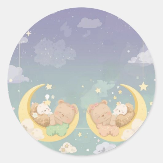 Twin Baby Shower Sticker Sleeping Animals Moon (Voorkant)