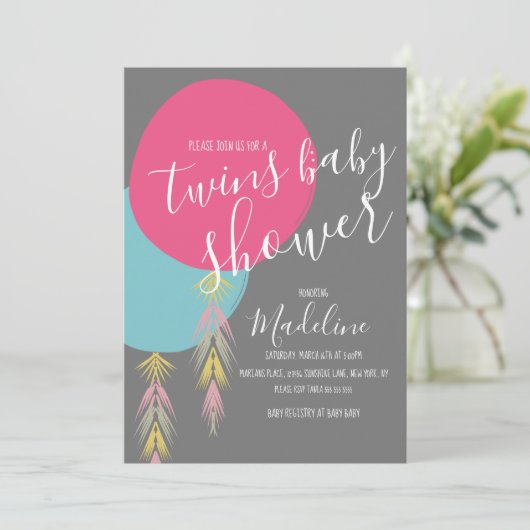 Twin Baby shower Tassel Boho Ballonuitnodiging Kaart (Staand voorkant)