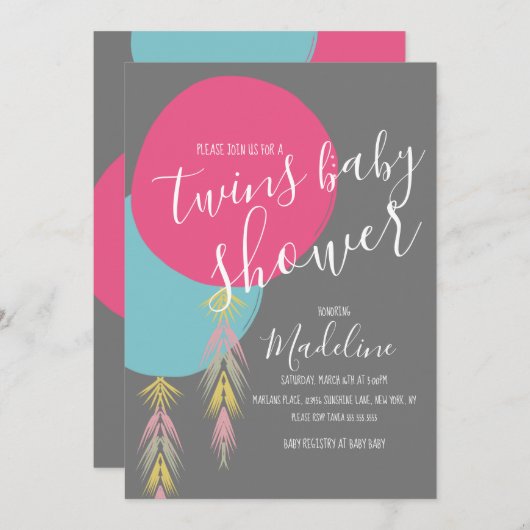 Twin Baby shower Tassel Boho Ballonuitnodiging Kaart (Voorkant / Achterkant)