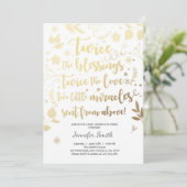 Twin Baby shower Uitnodiging Goud wit Zegeningen (Staand voorkant)