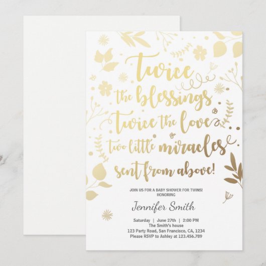 Twin Baby shower Uitnodiging Goud wit Zegeningen (Voorkant / Achterkant)