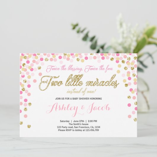 Twin Baby shower Uitnodiging Meisjes Roze en goud (Staand voorkant)