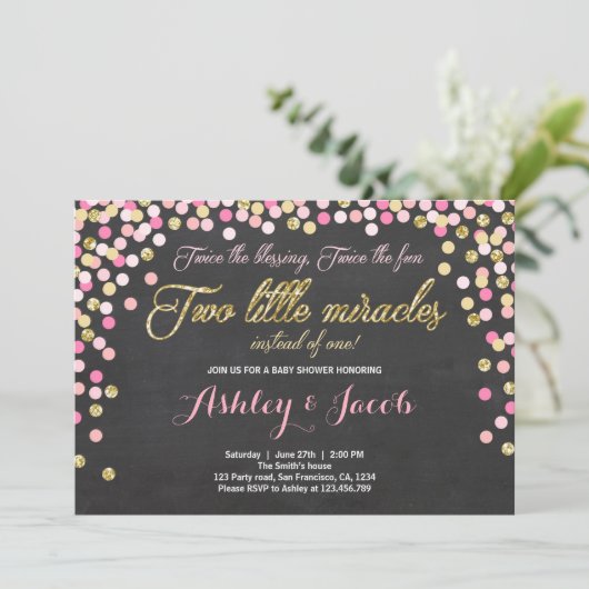Twin Baby shower Uitnodiging Meisjes Roze en goud (Staand voorkant)