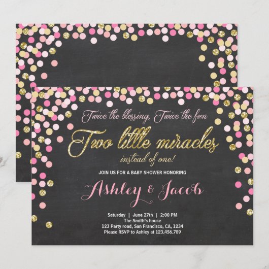 Twin Baby shower Uitnodiging Meisjes Roze en goud (Voorkant / Achterkant)