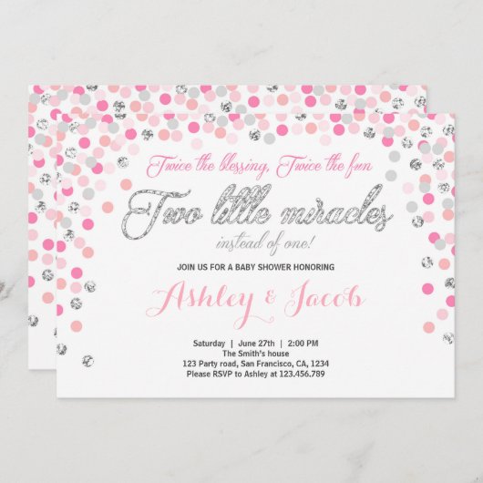 Twin Baby shower Uitnodiging Meisjes Roze en zilve (Voorkant / Achterkant)