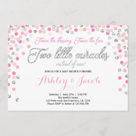 Twin Baby shower Uitnodiging Meisjes Roze en zilve
