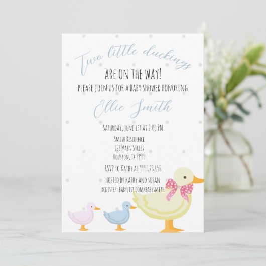 Twin Baby shower Uitnodiging, twee eendjes Kaart (Staand voorkant)