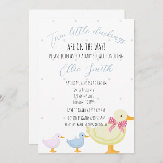 Twin Baby shower Uitnodiging, twee eendjes Kaart (Voorkant / Achterkant)