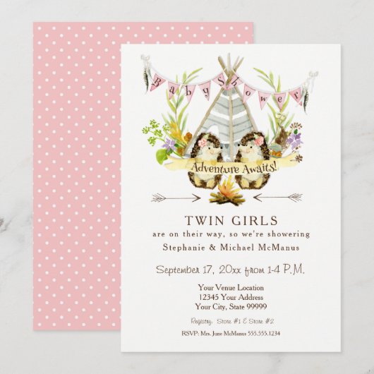 Twin Baby shower Woodland Animal Teepee Hedég Kaart (Voorkant / Achterkant)