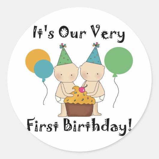 Twin baby's 1e verjaardag Tshirts en geschenken Ronde Sticker (Voorkant)
