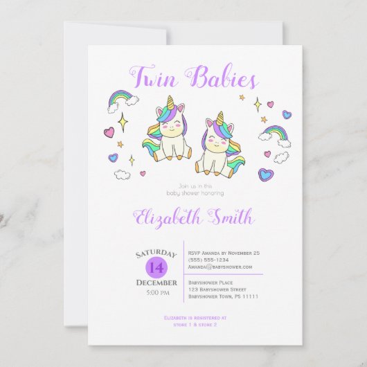 Twin Baby's Schattigee eenhoorn baby shower Uitnod Kaart (Voorkant)