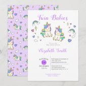 Twin Baby's Schattigee eenhoorn baby shower Uitnod Kaart (Voorkant / Achterkant)