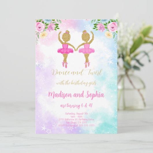 Twin Ballerina uitnodiging (Staand voorkant)