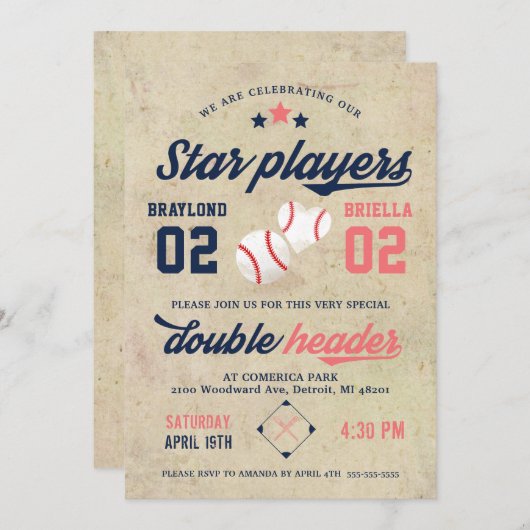 Twin Baseball Birthday Invitation Boy Girl Kaart (Voorkant / Achterkant)