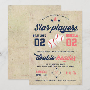 Twin Baseball Birthday Invitation Boy Girl Kaart