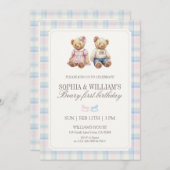 Twin Beary First Birthday Teddy Bear Plaid Kaart (Voorkant / Achterkant)