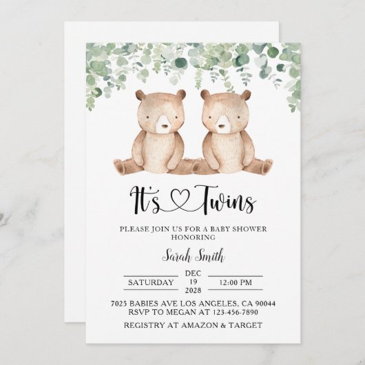 Twin Beren Baby Douche Uitnodigingen (Voorkant / Achterkant)